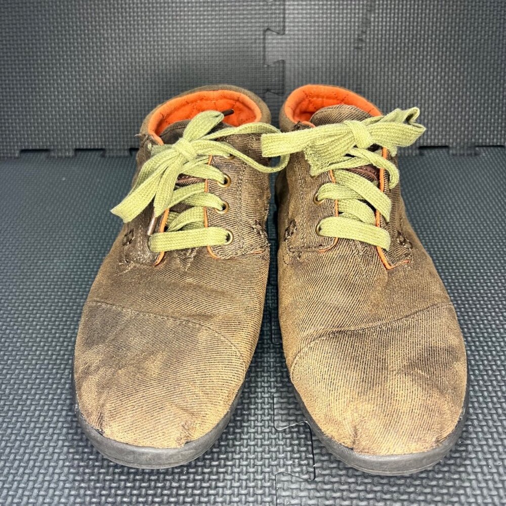 Toms Mens Brown Canvas Lace-Up Shoes With Orange Lining Green Laces & Rubber Sol